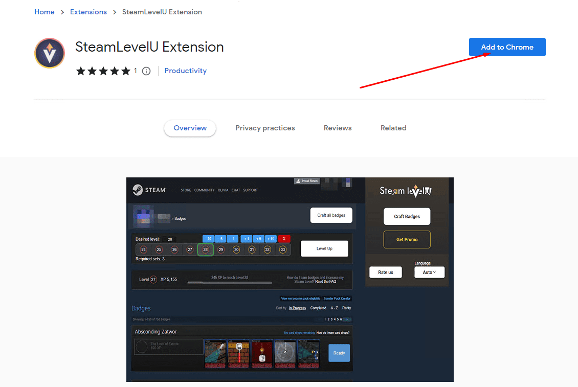 How do quickly craft all the badges in Steam using the 'SteamLevelU Extension' plugin?